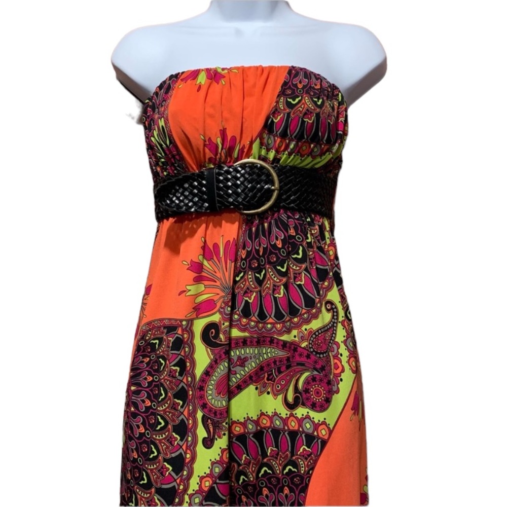 Charming Charlie Bright Paisley Print Strapless Belted Stretch Knit Maxi Dress